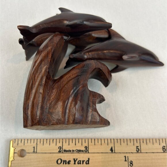 Hand Carved Wooden Dolphin Sculpture Three Dolphins On Wave Family - Picture 11 of 12